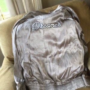 Womens Taupe Satin Dreamer Bomber Jacket sz medium bust 23” flat